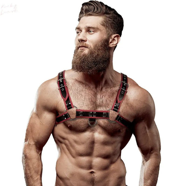 FETISH SUBMISSIVE ATTITUDE - ECO LEATHER CHEST STRAP HARNESS MEN BLACK/RED - Kinky Leash